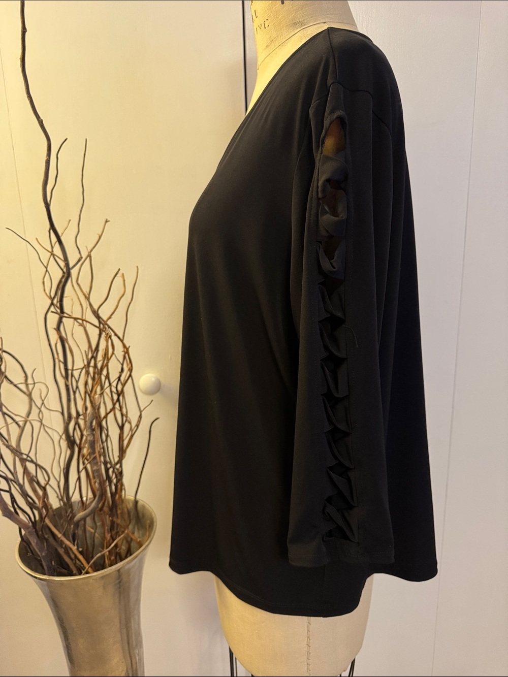 Susan Graver Black V-Neck Long Sleeve Top with cross cross accent sleeve - Picture 3 of 7